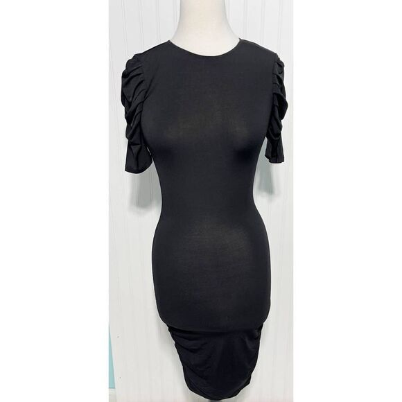 Aqua Bodycon Form‎ Fitting Short Sleeve Ruched Midi Dress Crew Neck Black XS - Picture 1 of 11